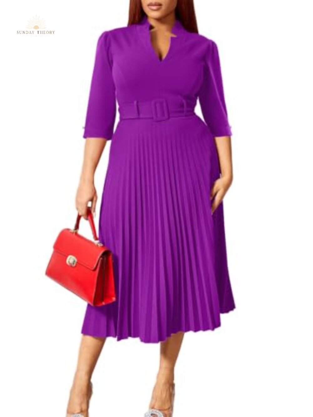 Women's V-Neck 3/4 Sleeve Pleated Midi Dress with Belt Office Cocktail